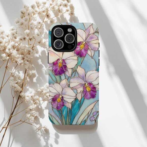 Purple Floral Stained Glass IPhone 16,15,14,13 (Pro Max,Pro,Plus) Phone Case - Picture 1 of 13